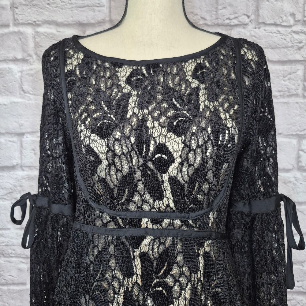 Free People Ruby Lace black mini dress bell sleeves fit flare round neckline  XS - Picture 4 of 10